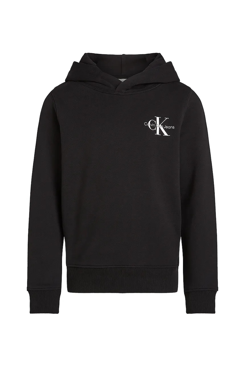 Детская хлопковая кофта Calvin Klein Jeans цвет чёрный с капюшоном с принтом Детская хлопковая кофта Calvin Klein Jeans цвет чёрный с капюшоном с принтом