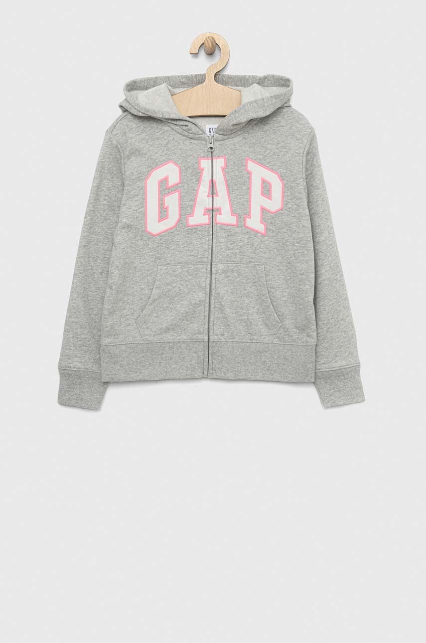 

Детски суичър GAP в сиво с качулка с апликация, Сив