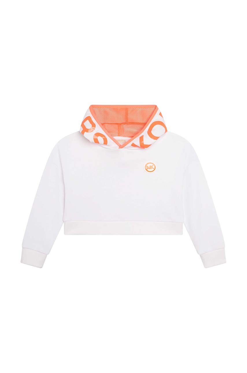 E-shop Dětská bavlněná mikina Michael Kors bílá barva, s kapucí, s potiskem