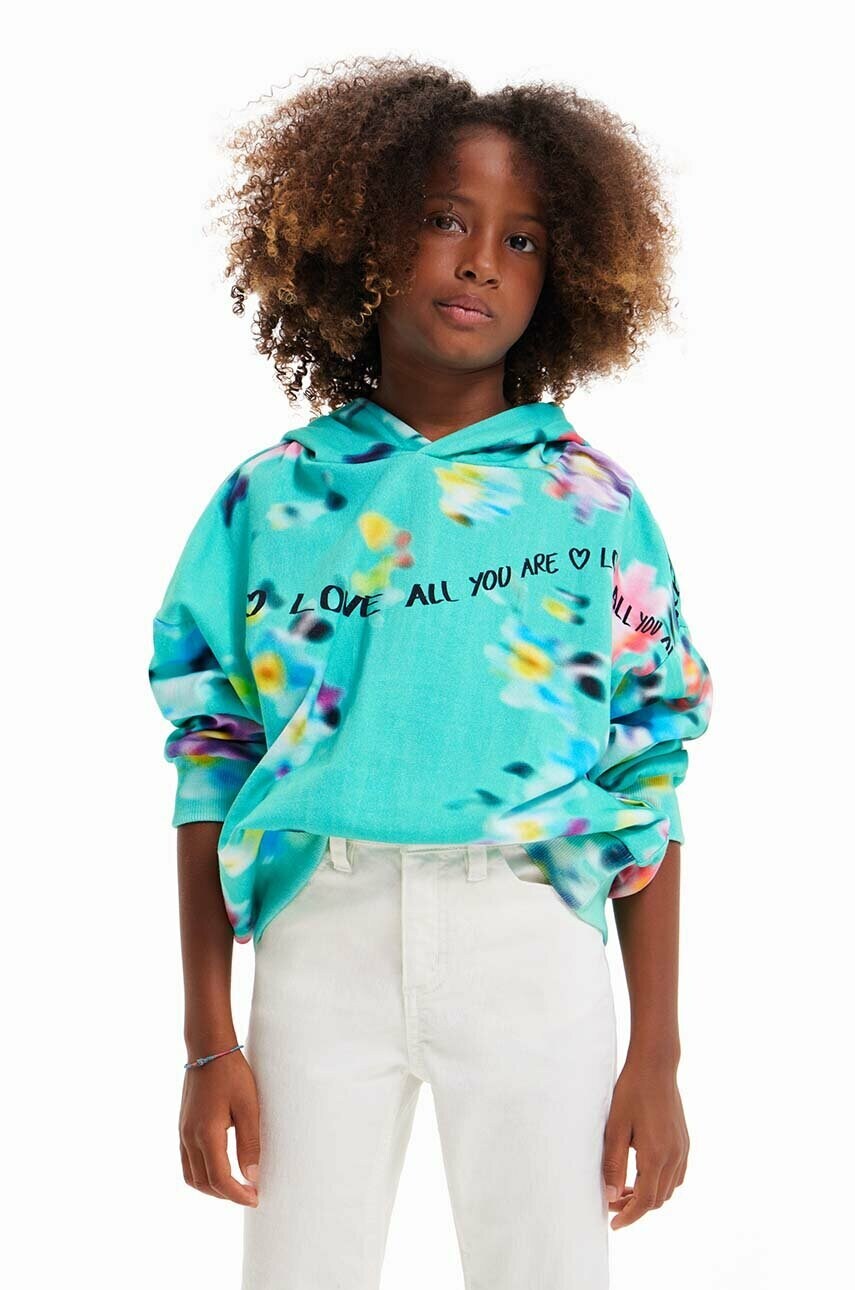 

Детская хлопковая кофта Desigual цвет бирюзовый с капюшоном узор
