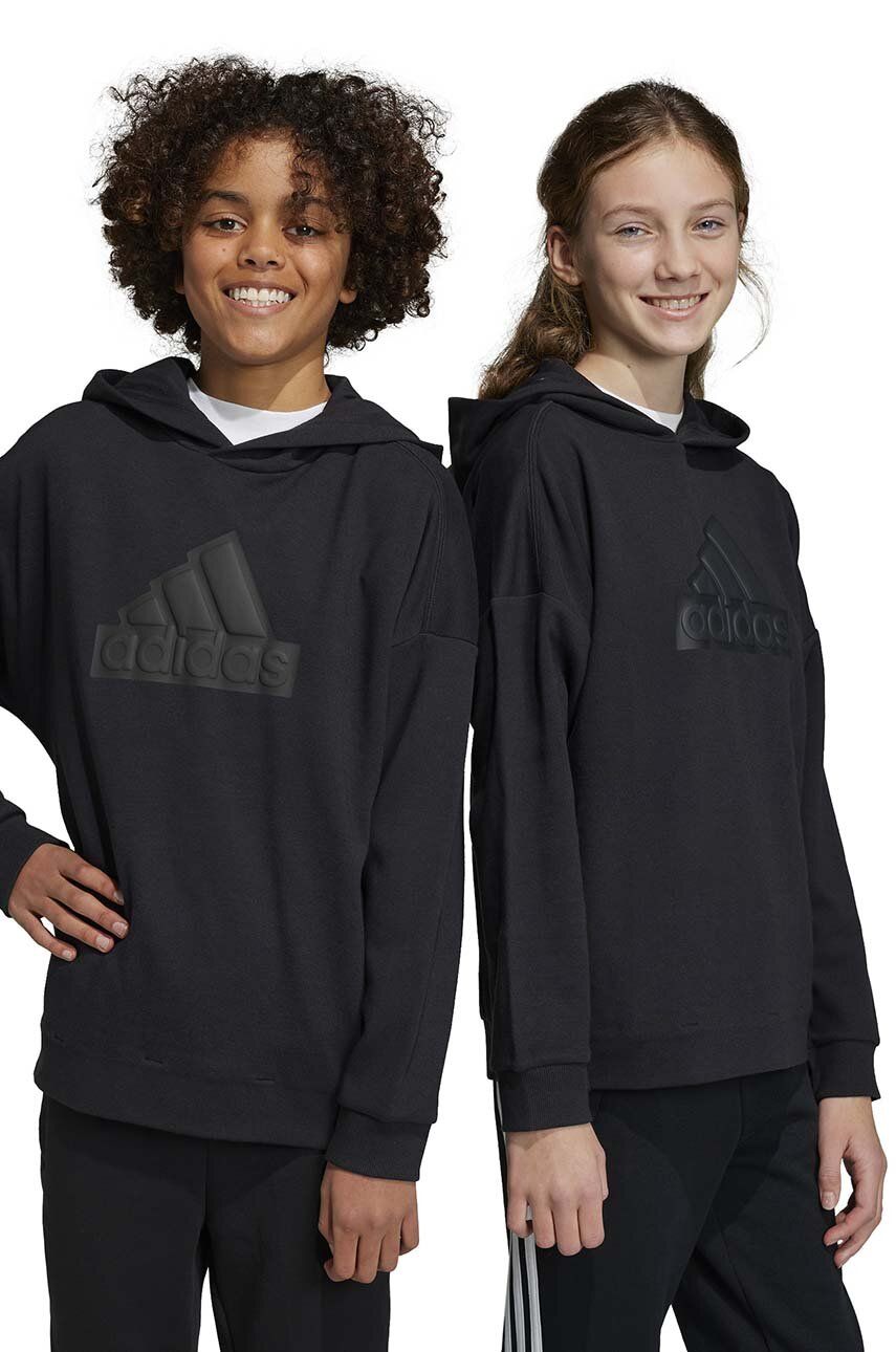 Adidas Bluza Copii U FI LOGO Culoarea Negru, Cu Glugă, Cu Imprimeu