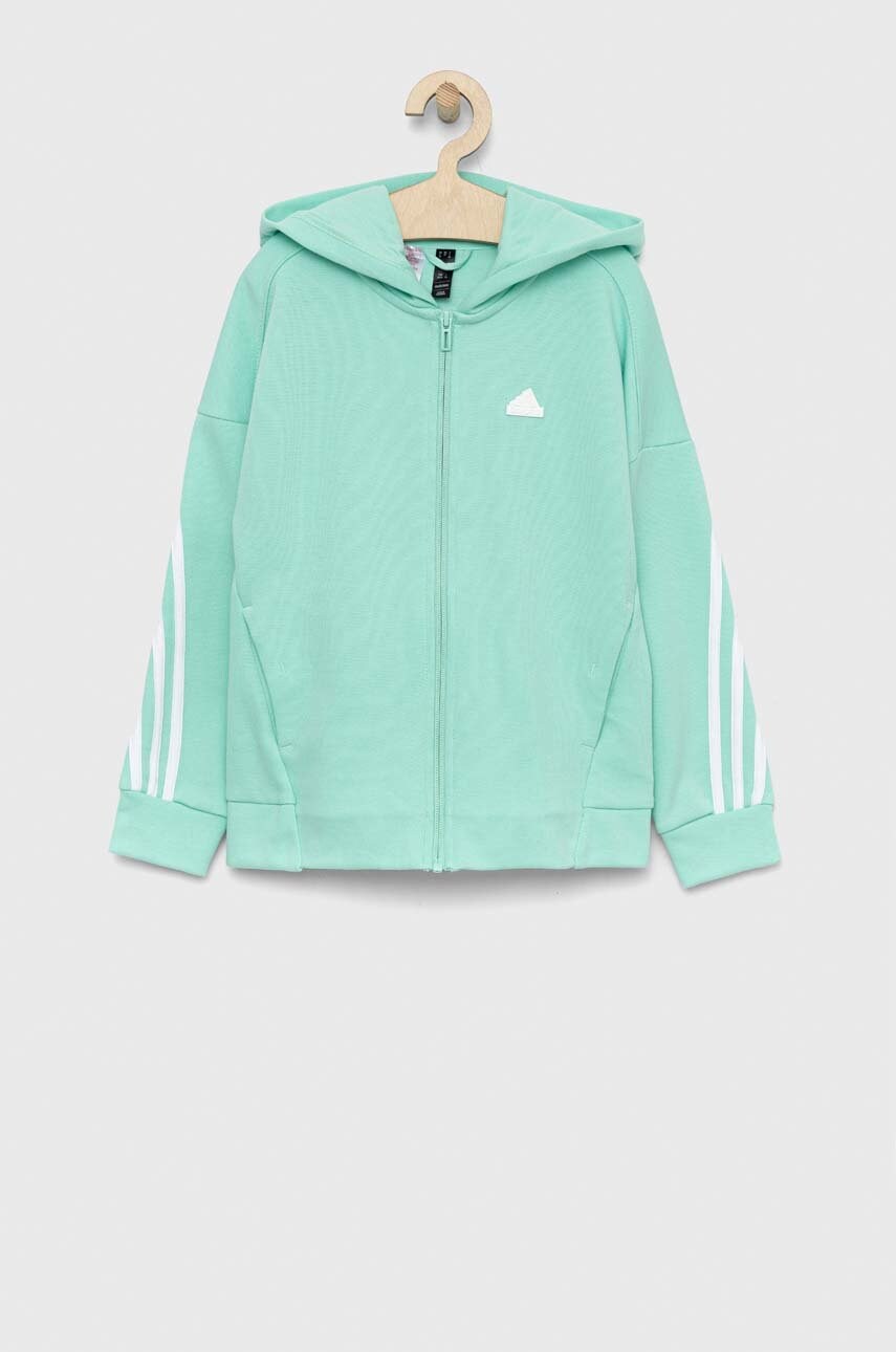 Adidas bluza copii u fi 3s fz culoarea turcoaz, cu glugă, cu imprimeu