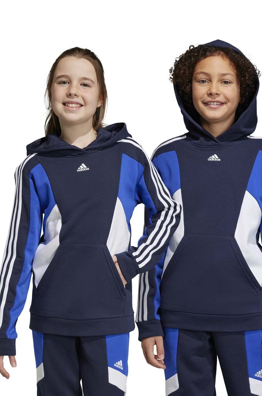 Dětská mikina adidas U 3S CB HOODIE tmavomodrá barva, s kapucí, vzorovaná - námořnická modř -  