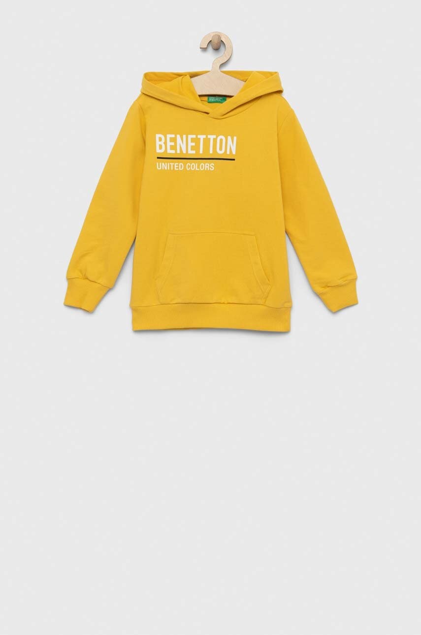 Дитяча бавовняна кофта United Colors of Benetton колір жовтий з капюшоном з принтом