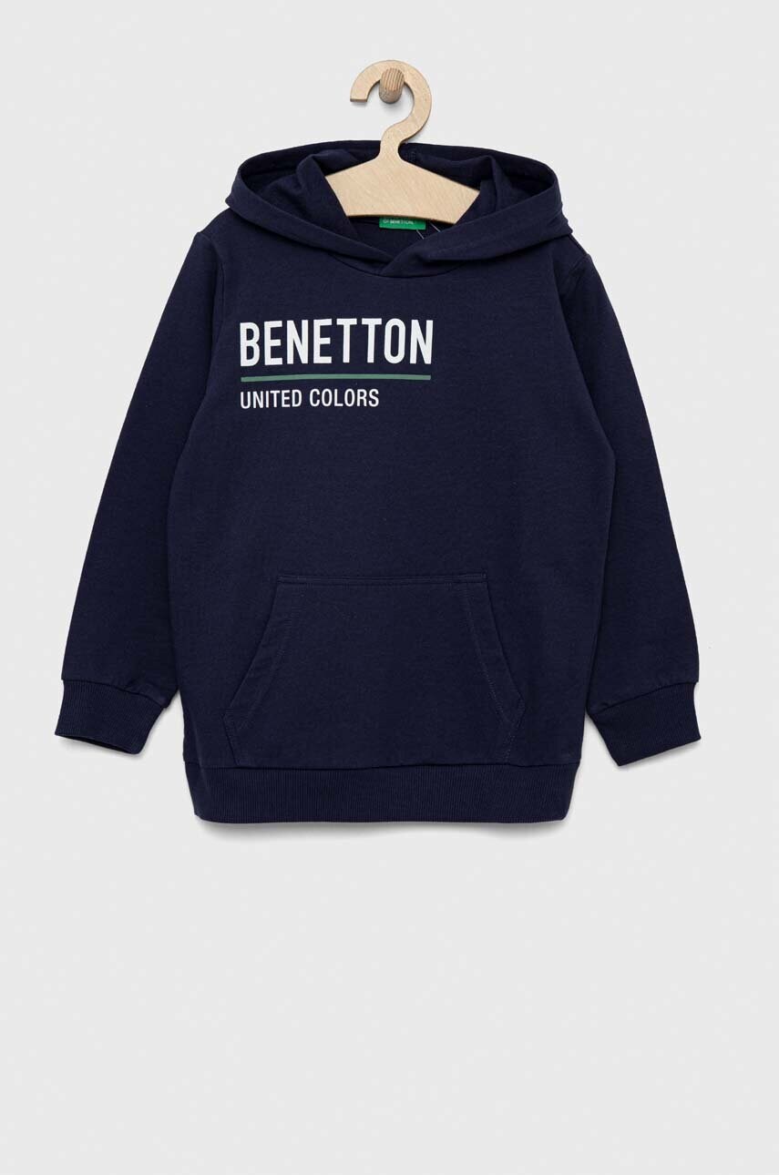 

Детская хлопковая кофта United Colors of Benetton цвет синий с капюшоном с принтом