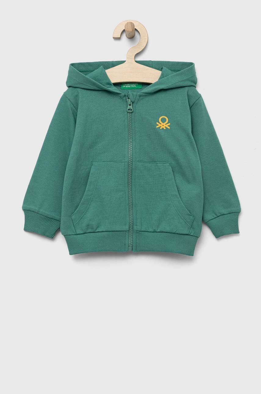 

Детски памучен суичър United Colors of Benetton в зелено с качулка с принт, Зелен