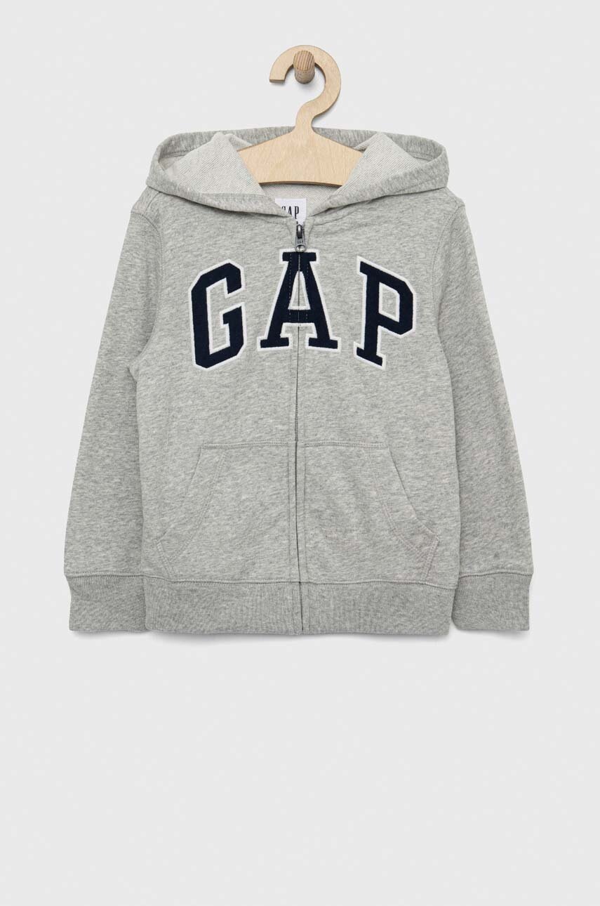 

Детски суичър GAP в сиво с качулка с апликация, Сив