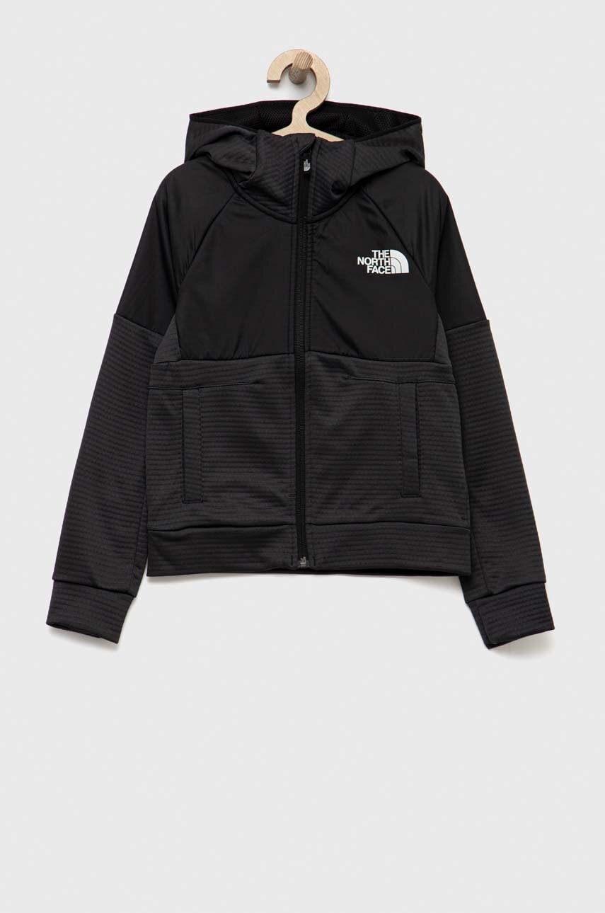 The North Face bluza copii culoarea negru, cu glugă, cu imprimeu