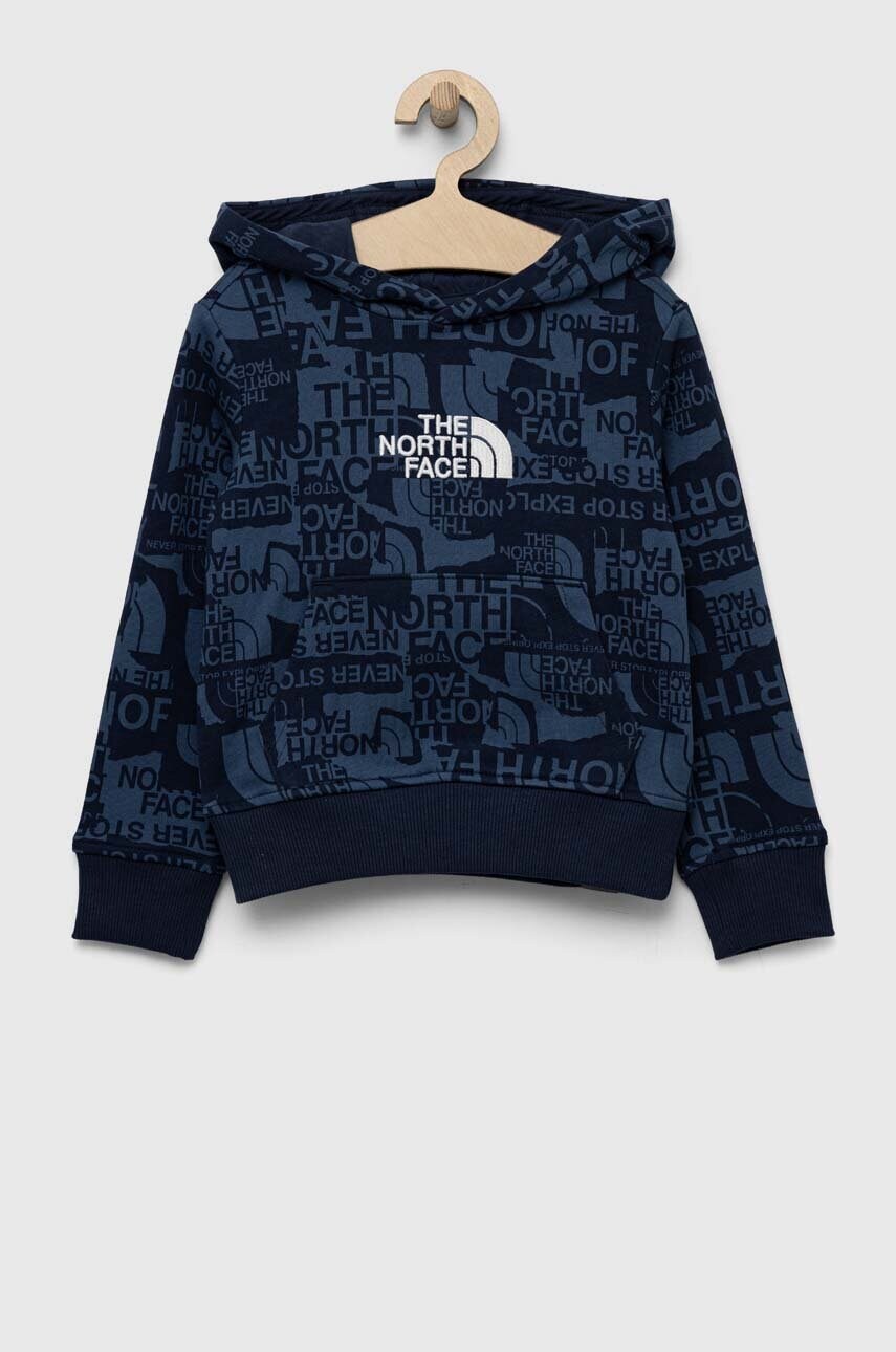 The north face hanorac de bumbac pentru copii culoarea albastru marin, cu glugă, cu imprimeu