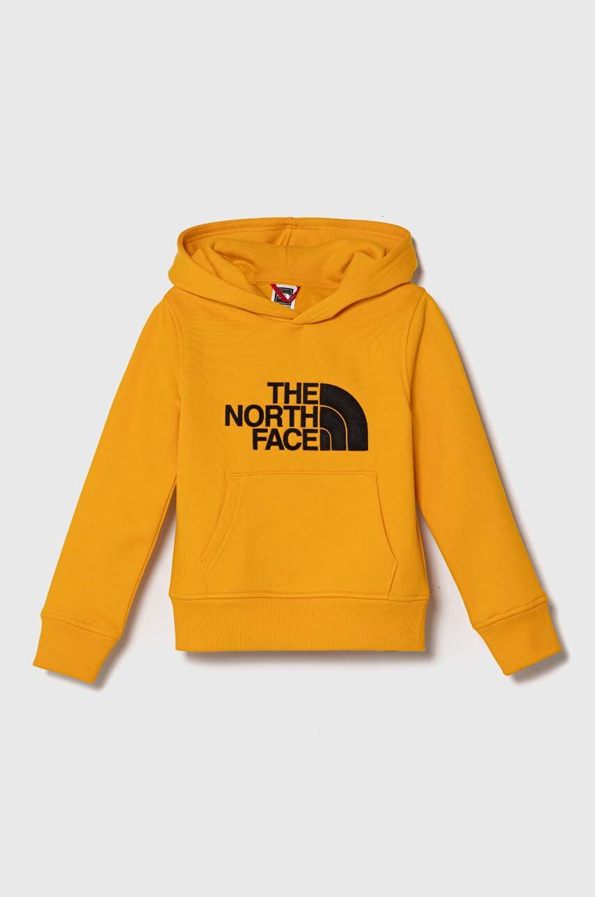 The North Face bluza copii culoarea galben, cu glugă, cu imprimeu