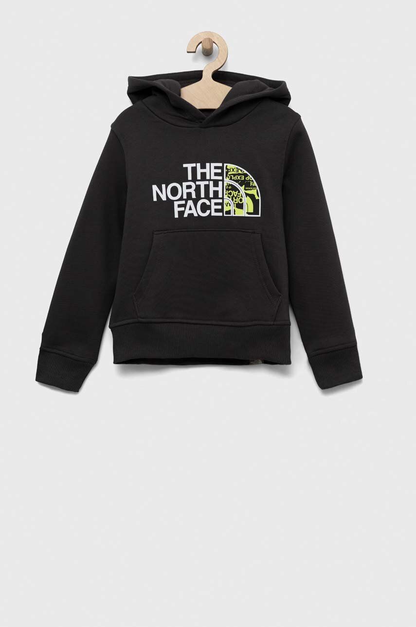 The North Face bluza copii culoarea gri, cu glugă, cu imprimeu