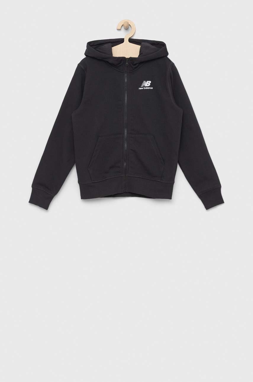 New Balance bluza copii culoarea negru, cu glugă, cu imprimeu