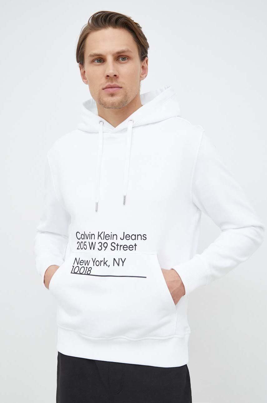 Bavlněná mikina Calvin Klein Jeans pánská, bílá barva, s kapucí, s potiskem - bílá -  100 % Bav