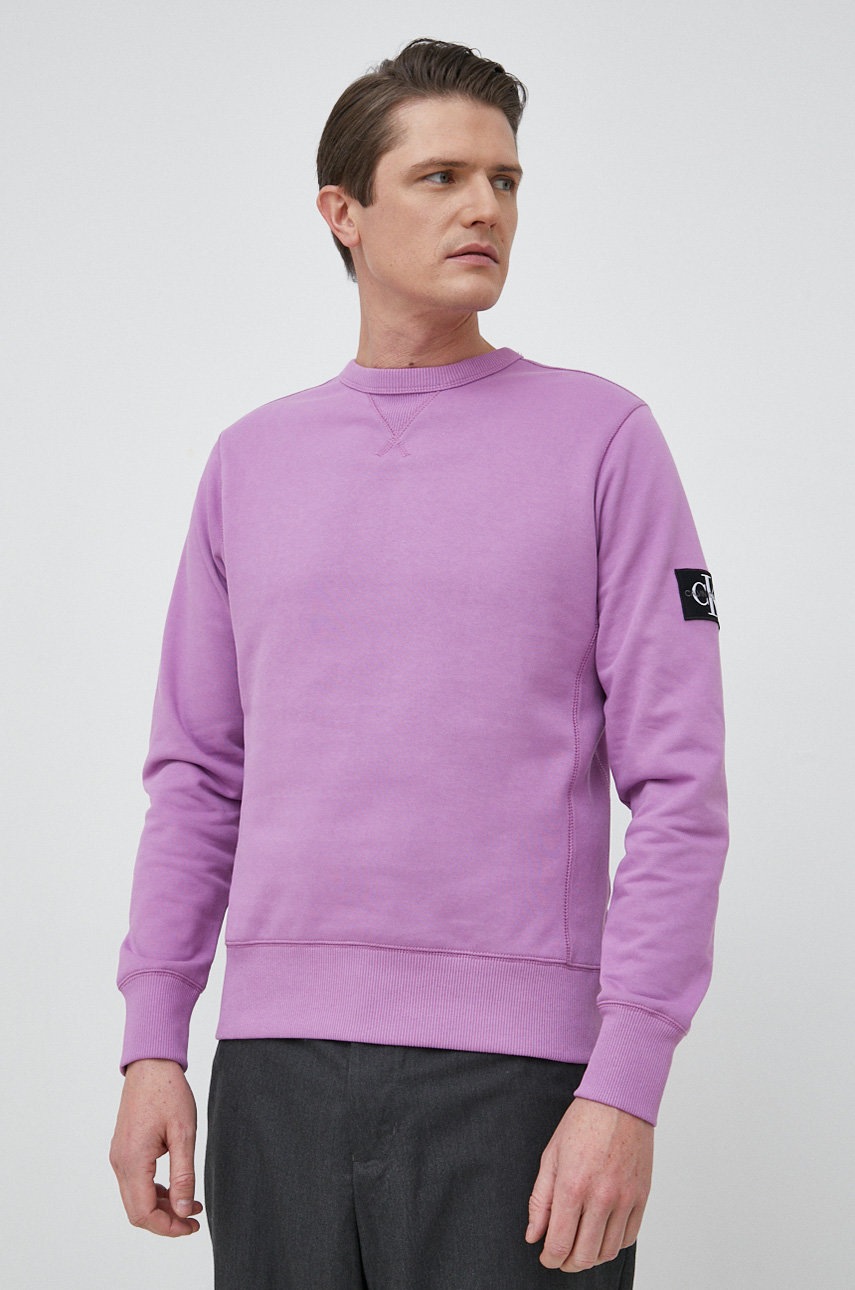 

Памучен суичър Calvin Klein Jeans в лилаво с изчистен дизайн, Виолетов