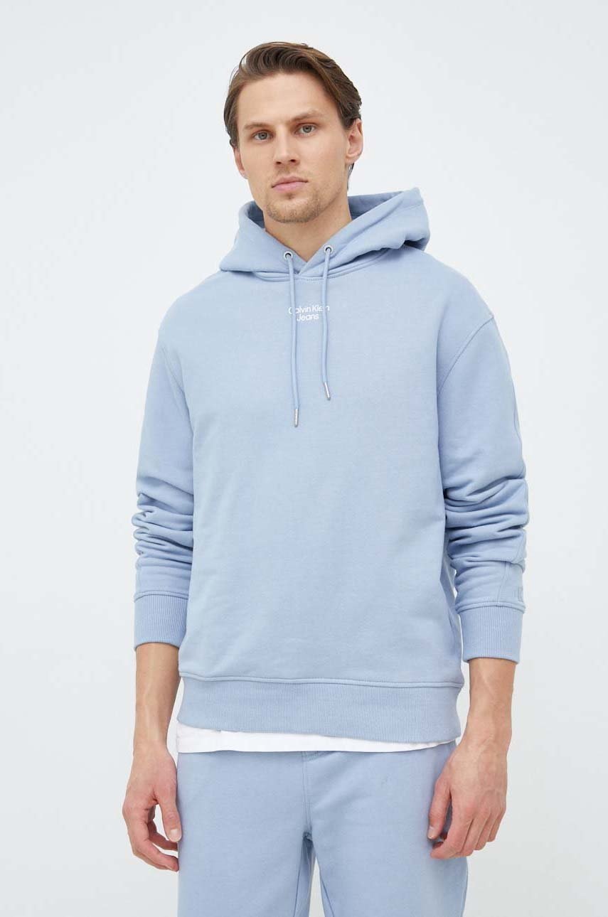 

Памучен суичър Calvin Klein Jeans с качулка с принт, Син