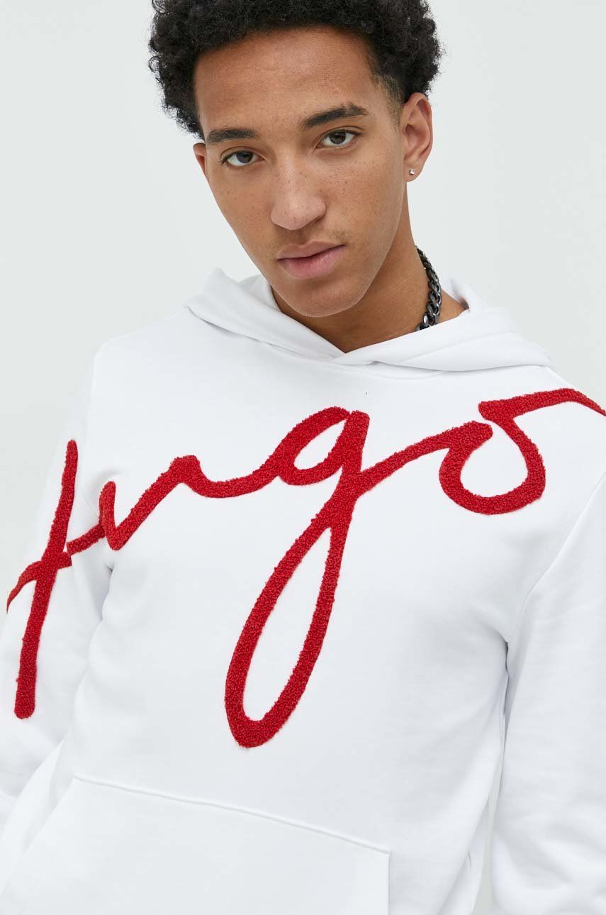 HUGO bluza bawełniana męska kolor biały z kapturem z aplikacją