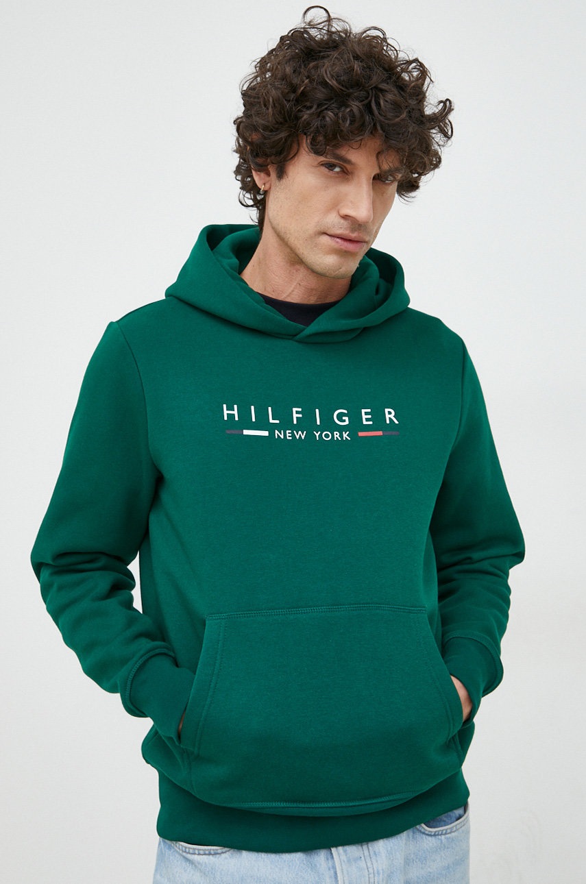 

Суичър Tommy Hilfiger в зелено с качулка с принт, Зелен