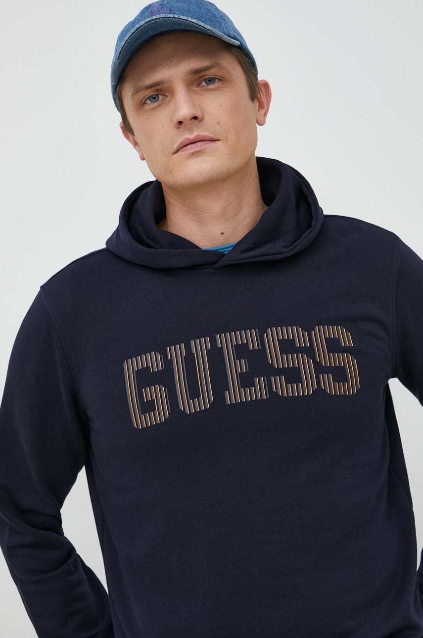 

Кофта Guess чоловіча колір синій з капюшоном з принтом