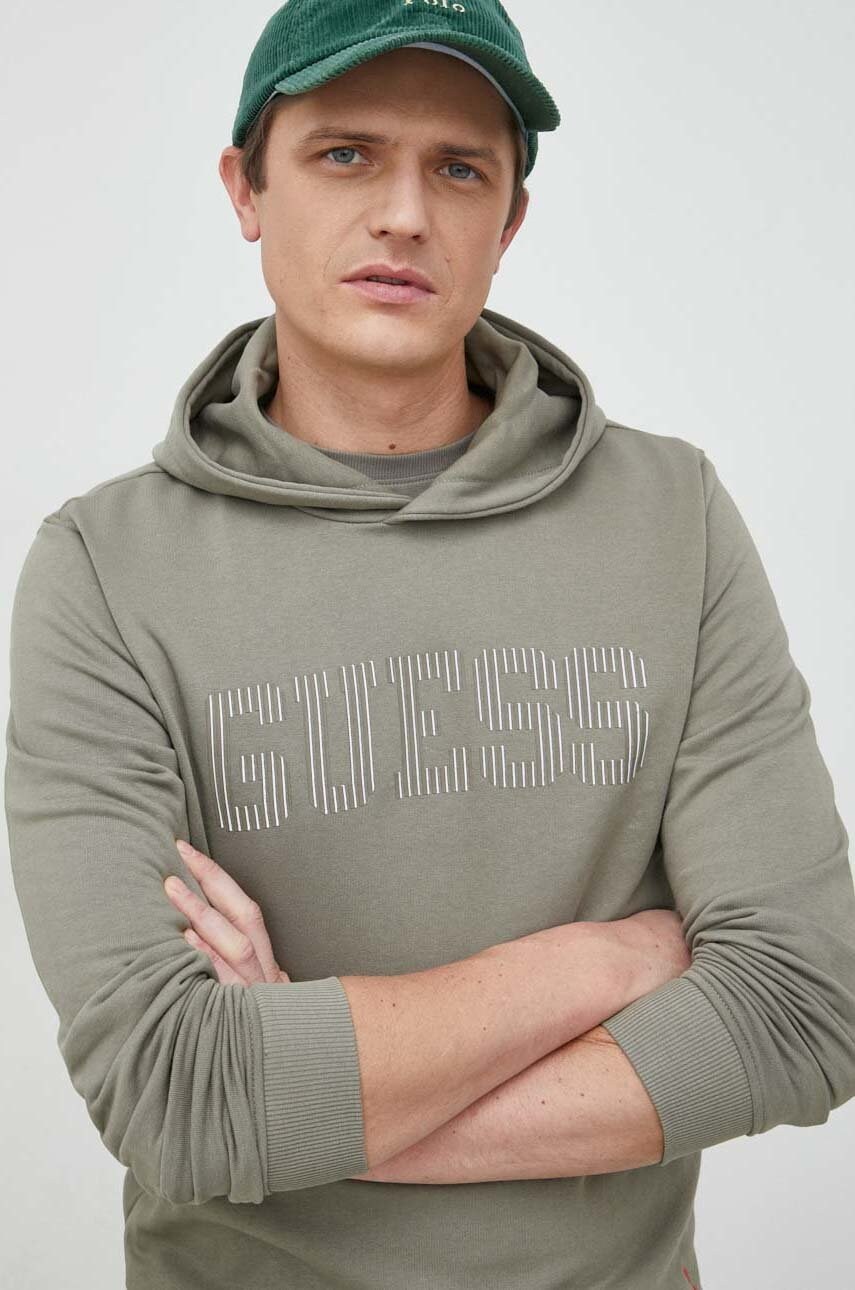 

Кофта Guess чоловіча колір зелений з капюшоном з принтом