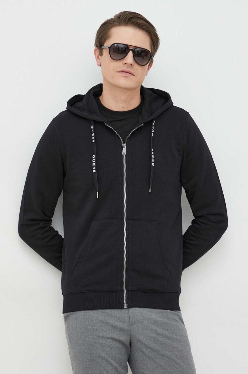 

Кофта Guess мужская цвет чёрный с капюшоном с аппликацией