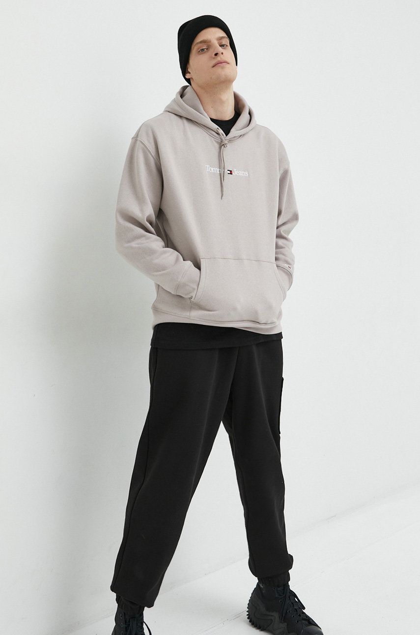 Mikina Tommy Jeans pánská, šedá barva, s kapucí, s aplikací - šedá -  Hlavní materiál: 60% Bavl