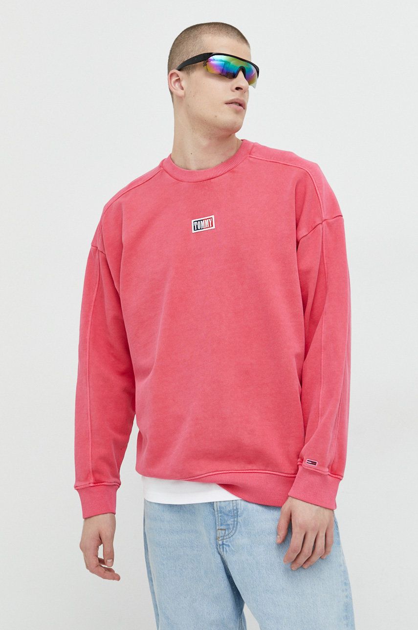 Bavlněná mikina Tommy Jeans pánská, růžová barva, s aplikací - růžová -  Hlavní materiál: 100 %