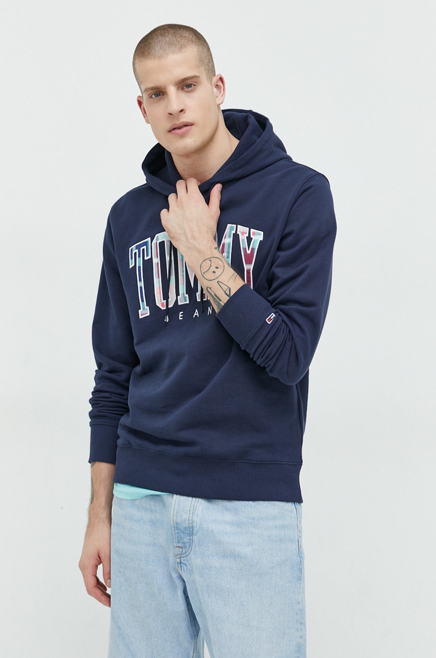 Tommy Jeans hanorac de bumbac barbati, culoarea albastru marin, cu glugă, cu imprimeu