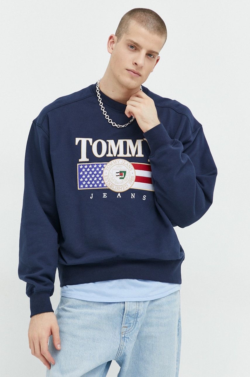 Tommy Jeans Hanorac De Bumbac Barbati, Culoarea Albastru Marin, Cu Imprimeu