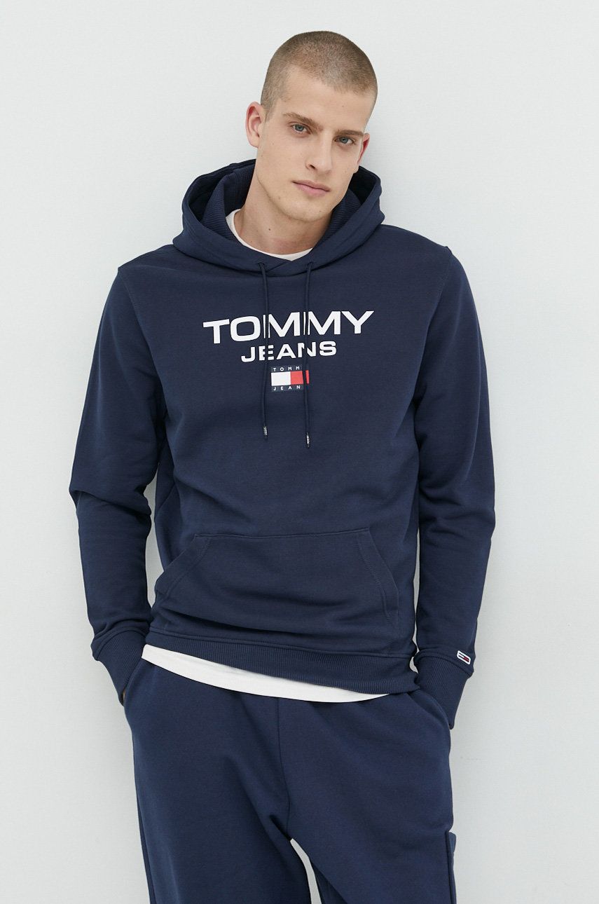Tommy Jeans hanorac de bumbac barbati, culoarea albastru marin, cu glugă, cu imprimeu