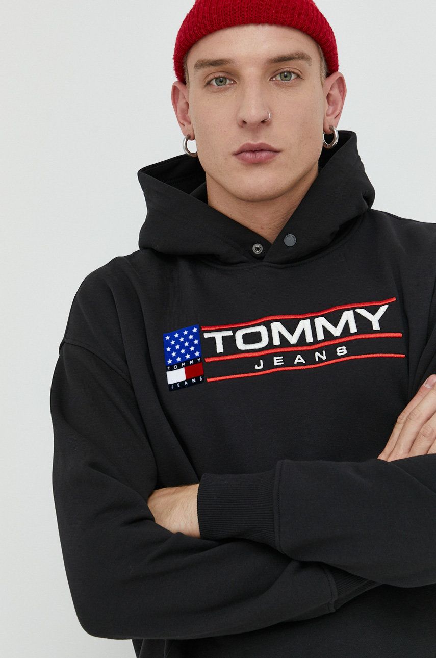 Mikina Tommy Jeans pánská, černá barva, s kapucí, s aplikací - černá -  79% Bavlna