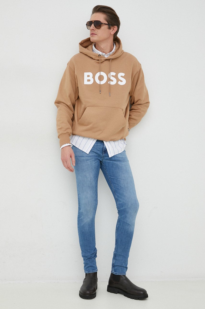 Boss hanorac de bumbac barbati, culoarea bej, cu glugă, cu imprimeu