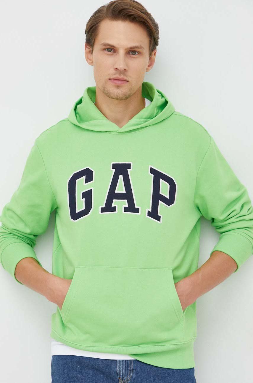 GAP bluza bawełniana męska kolor zielony z kapturem z aplikacją