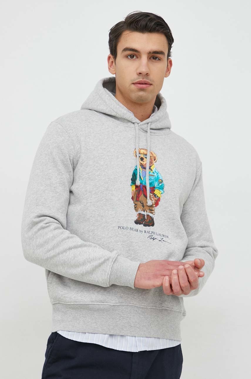 

Кофта Polo Ralph Lauren мужская цвет серый с капюшоном с принтом
