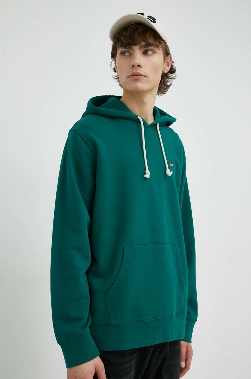 Bavlněná mikina Levi′s pánská, zelená barva, s kapucí, hladká - zelená -  Hlavní materiál: 100 