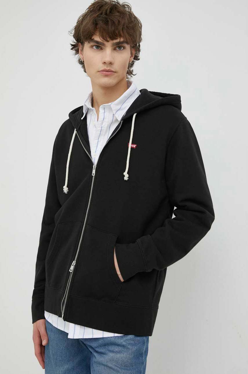 Bavlněná mikina Levi′s pánská, černá barva, s kapucí, hladká - černá -  Hlavní materiál: 100 % 