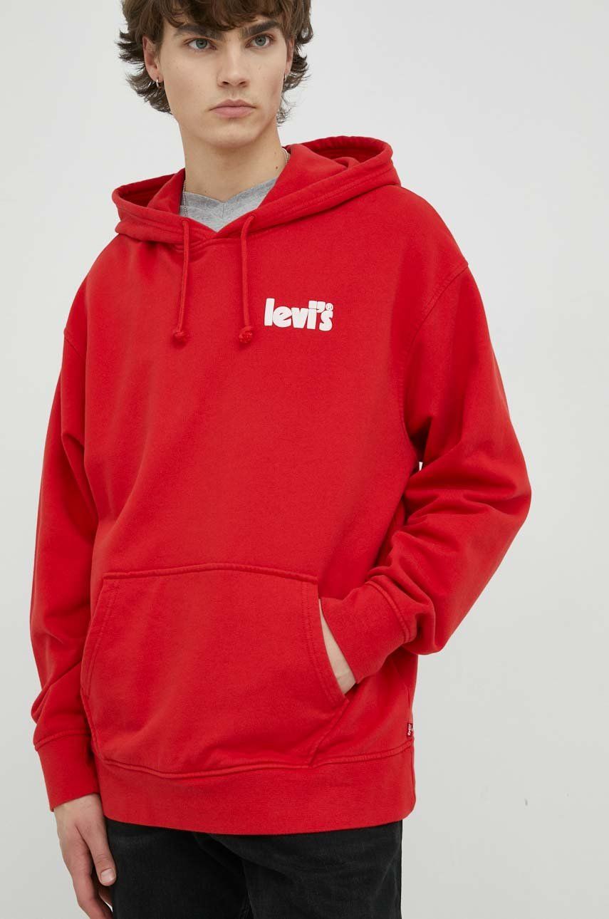 E-shop Bavlněná mikina Levi's pánská, červená barva, s kapucí, s potiskem