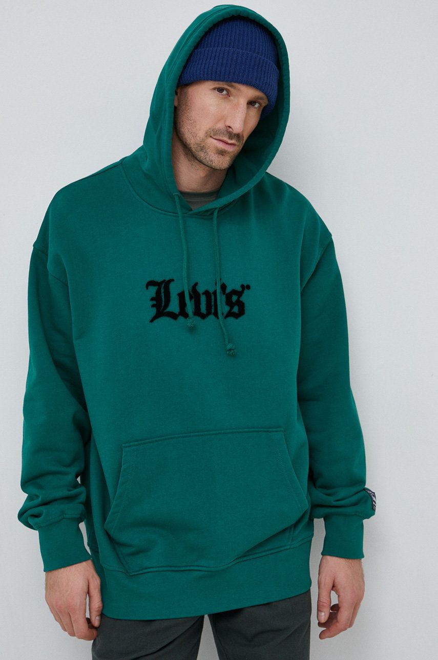 E-shop Bavlněná mikina Levi's pánská, zelená barva, s kapucí, s aplikací