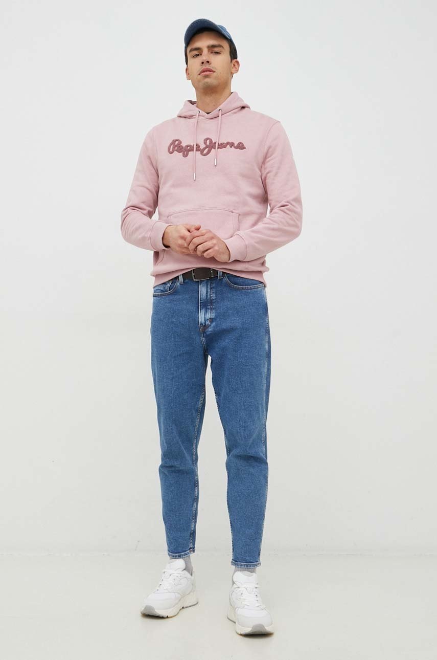 

Хлопковая кофта Pepe Jeans ryan мужская цвет розовый с капюшоном с аппликацией