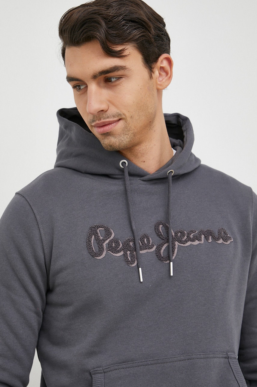 Pepe Jeans Hanorac De Bumbac Barbati, Culoarea Gri, Cu Gluga, Cu Imprimeu