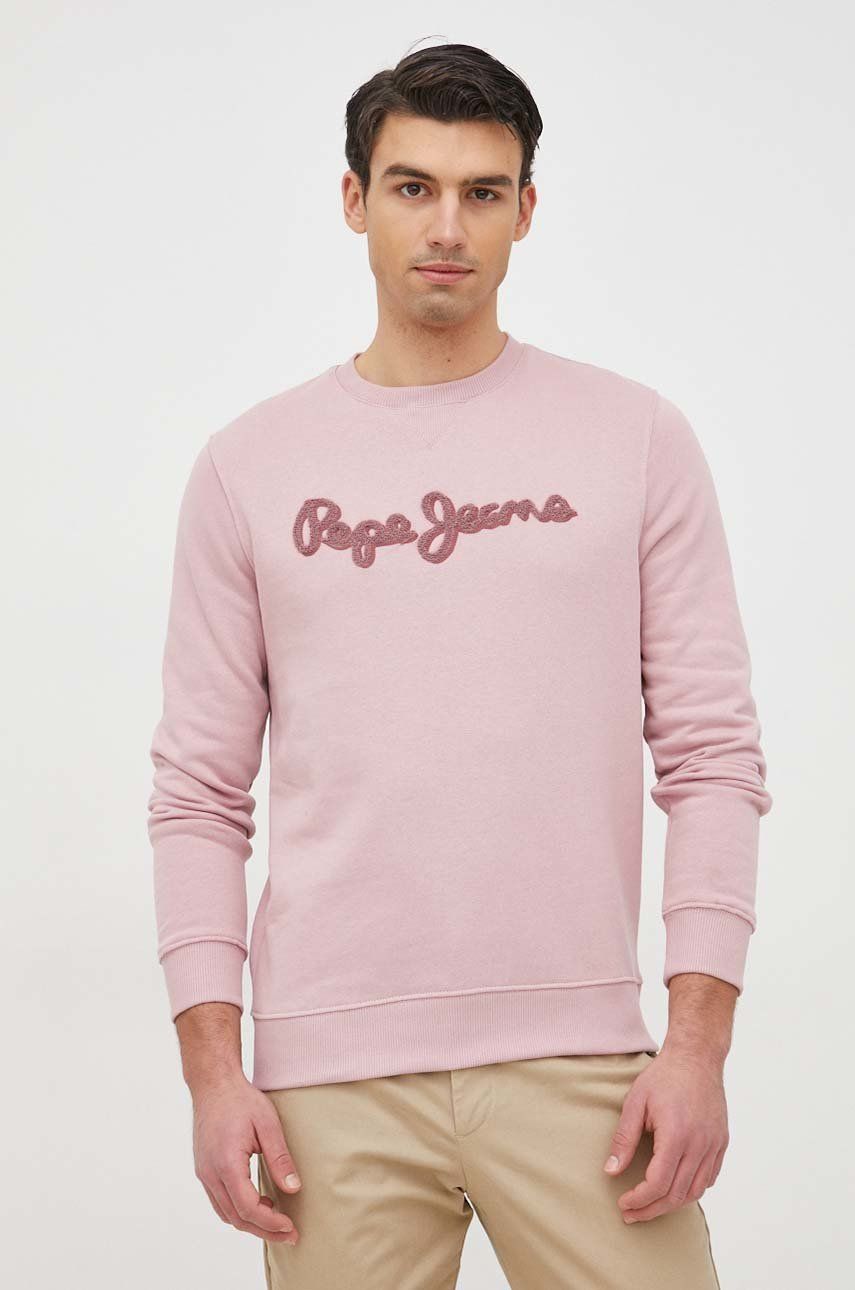 Pepe Jeans bluza bawełniana Ryan Crew męska kolor różowy z aplikacją