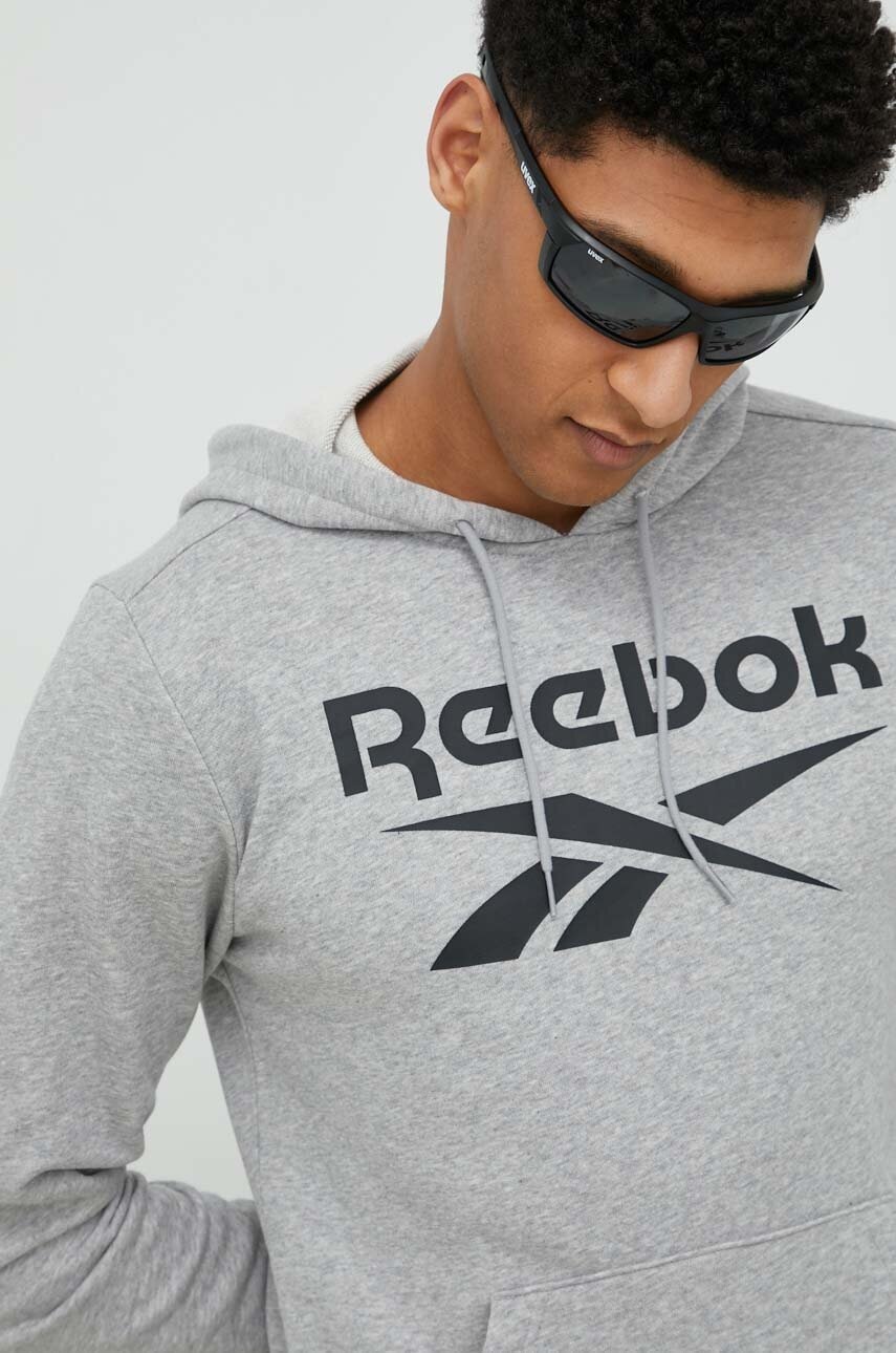 Reebok Bluza Barbati, Culoarea Gri, Cu Gluga, Cu Imprimeu