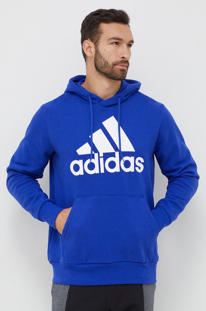 Bavlněná mikina adidas pánská, s kapucí, s potiskem - modrá -  100 % Bavlna