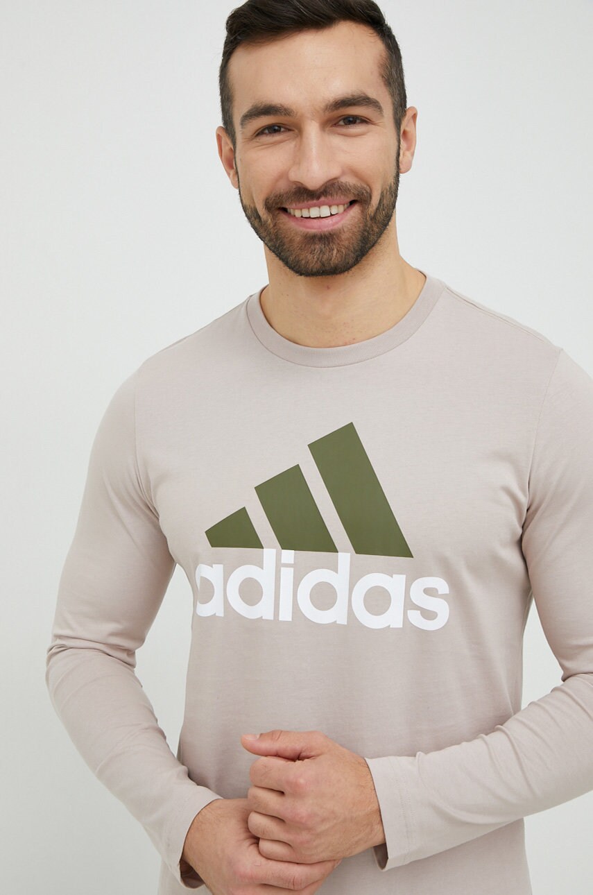 Adidas longsleeve din bumbac barbati, culoarea bej, cu imprimeu