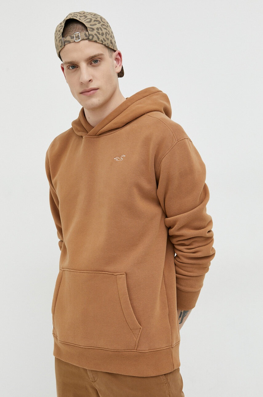 

Суичър Hollister Co. в кафяво с качулка с изчистен дизайн, Кафяв