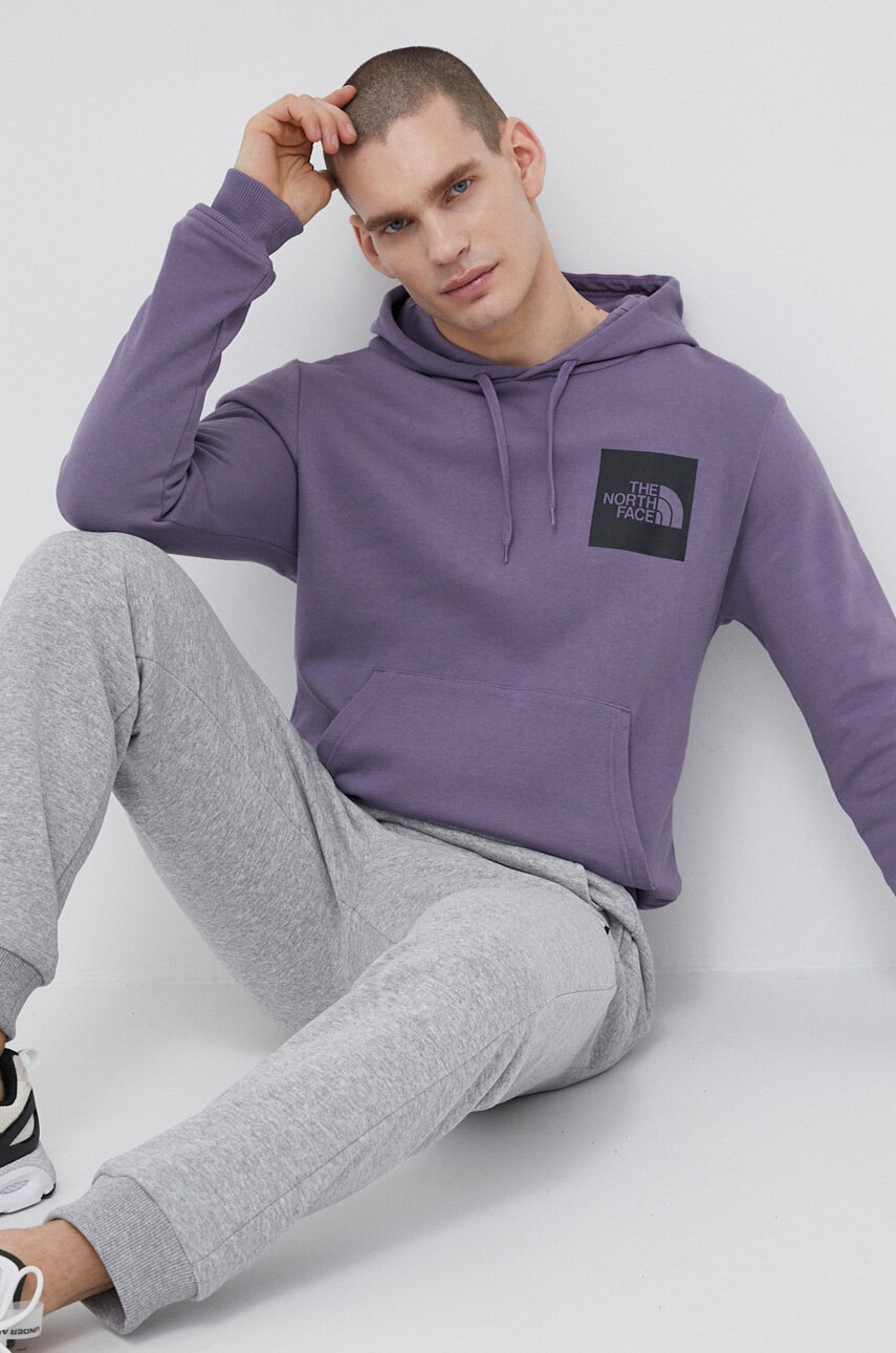 

Памучен суичър The North Face в лилаво с качулка с принт, Виолетов