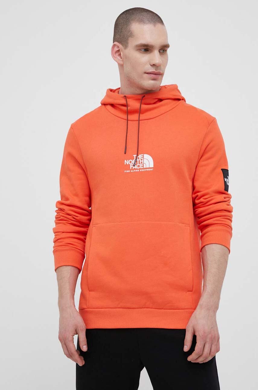 

Хлопковая кофта The North Face мужская цвет оранжевый с капюшоном с аппликацией