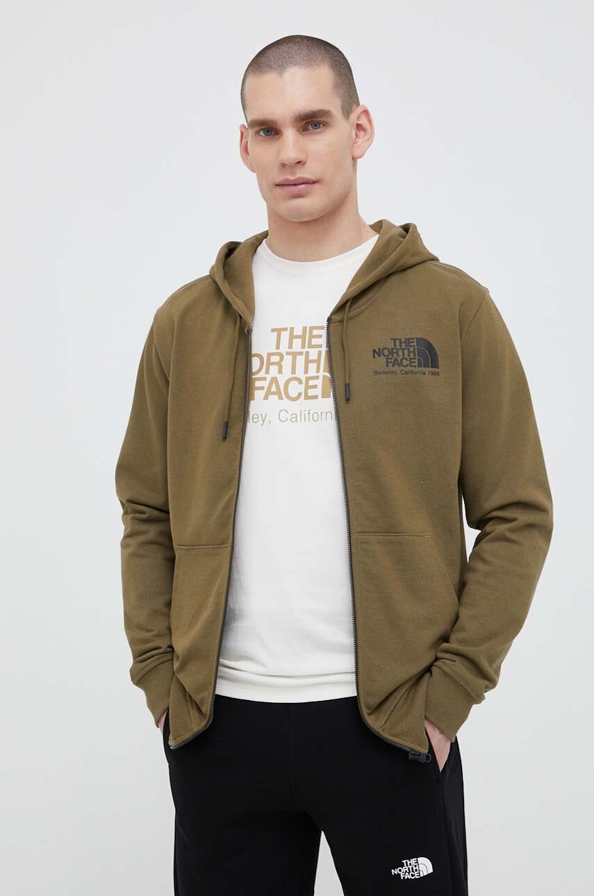 

Памучен суичър The North Face в зелено с качулка с принт, Зелен