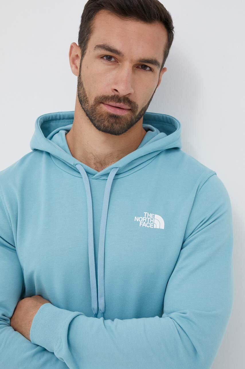 

Хлопковая кофта The North Face мужская цвет бирюзовый с капюшоном с принтом