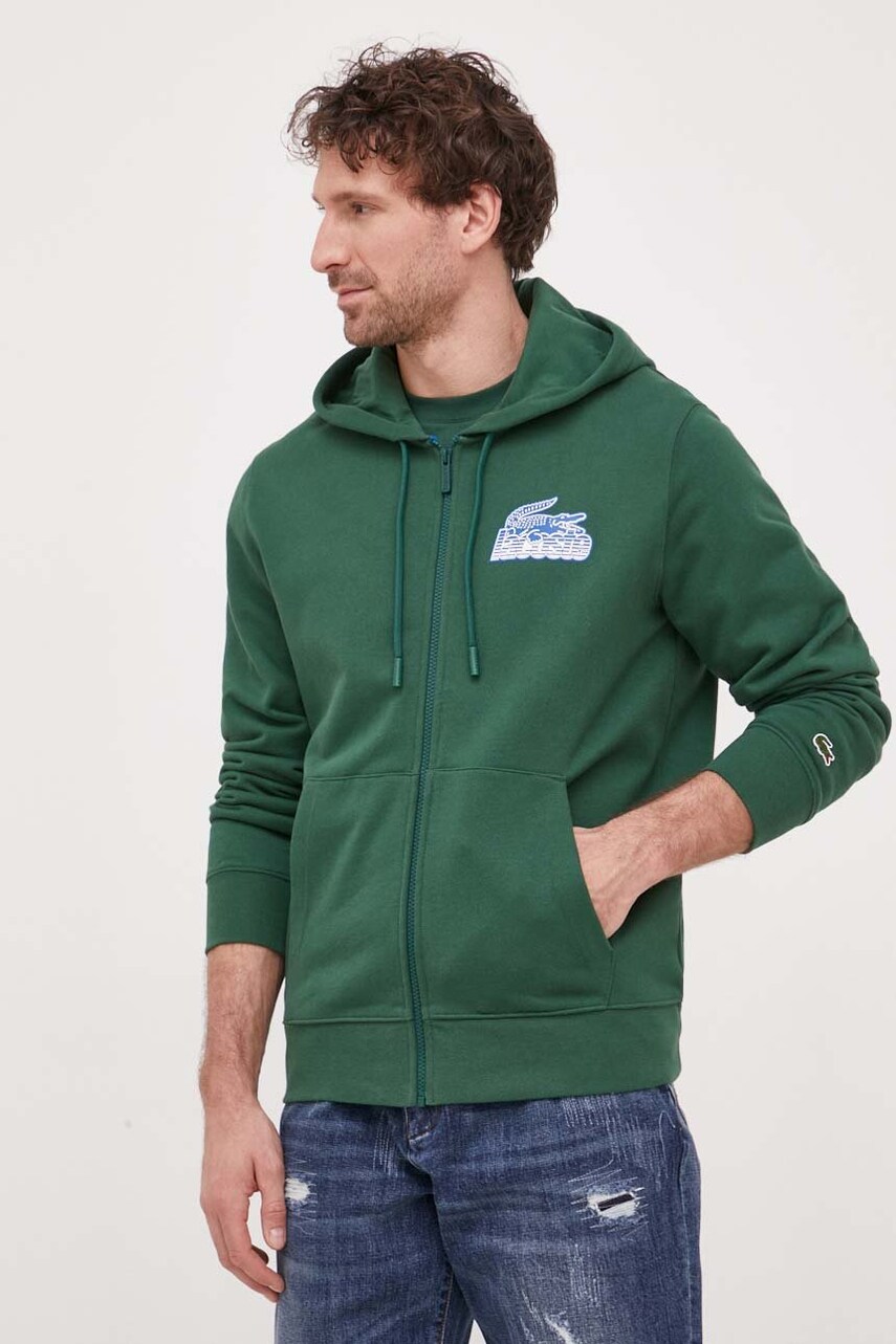Lacoste hanorac de bumbac barbati, culoarea verde, cu glugă, cu imprimeu