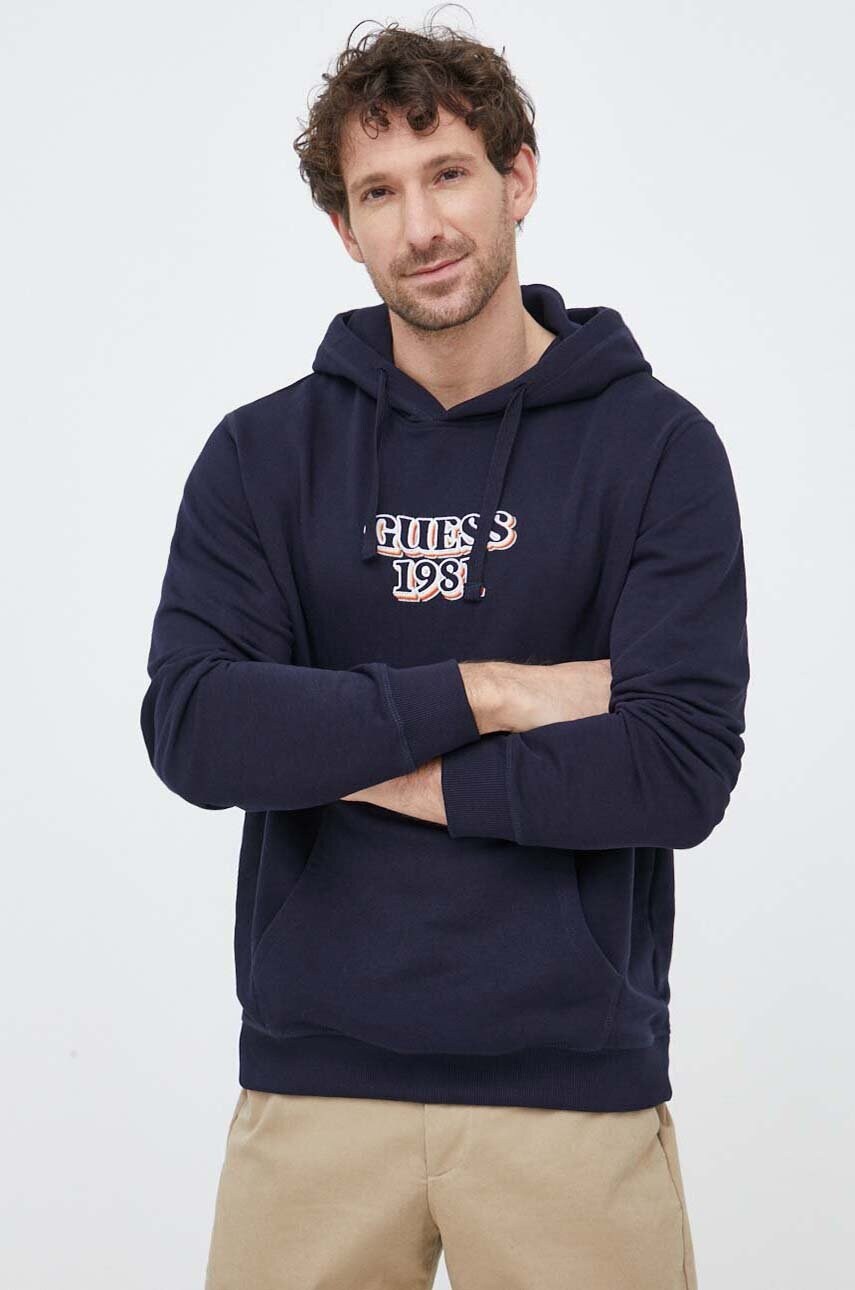 

Кофта Guess мужская цвет синий с капюшоном с аппликацией